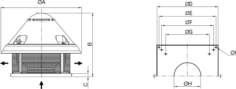FCP - išcentriniai stoginiai ventiliatoriai su horizontaliu oro išmetimu - brėžinys